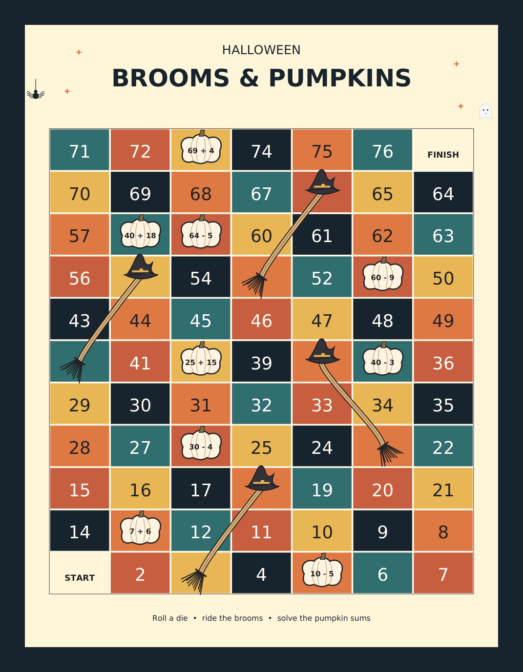 Colorful 77-space Brooms and Pumpkins board with math pumpkins and illustrated brooms