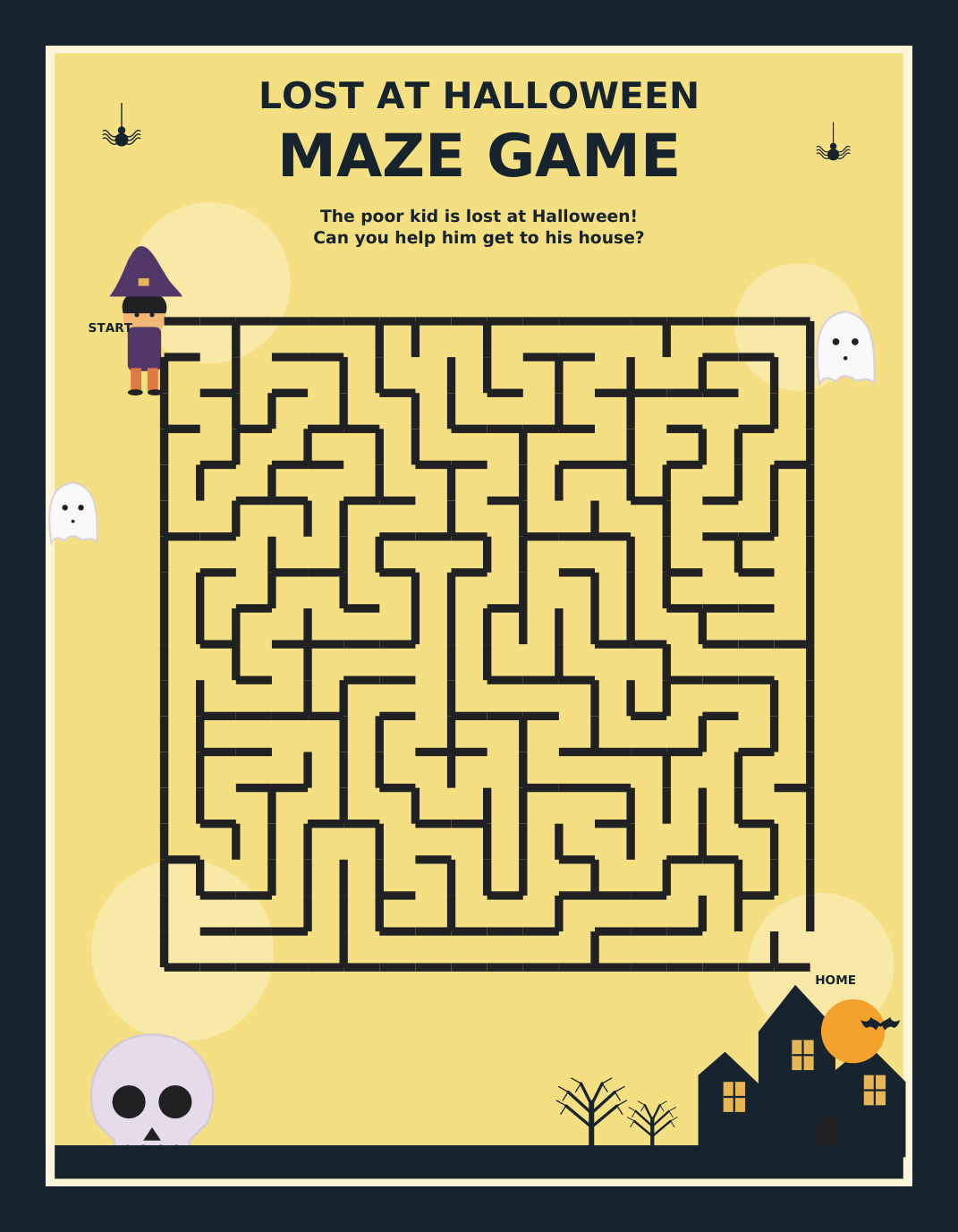 Thick-lined Halloween maze with a child, ghosts, spiders and haunted house