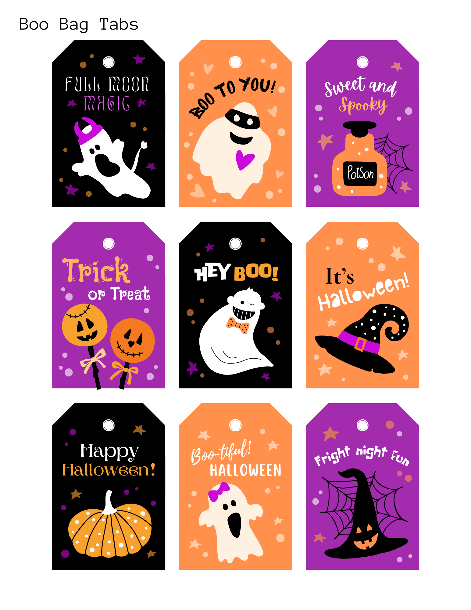 Nine colorful original Boo Bag Tags