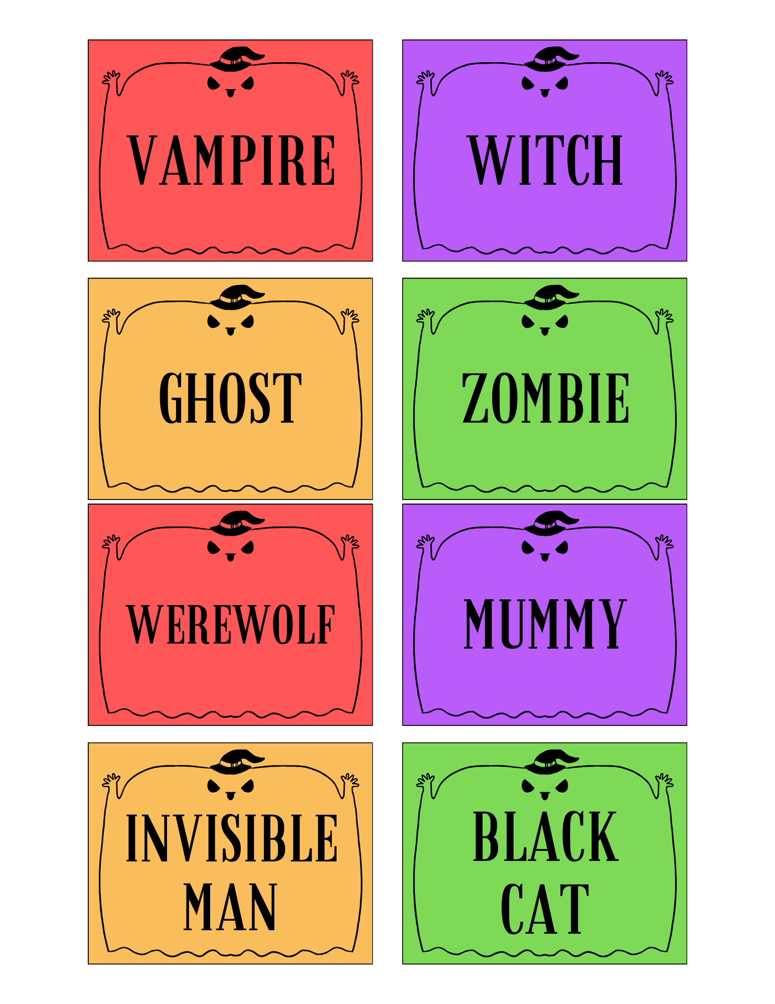 Original charades cards: vampire, witch, ghost, zombie, werewolf, mummy, invisible man, black cat