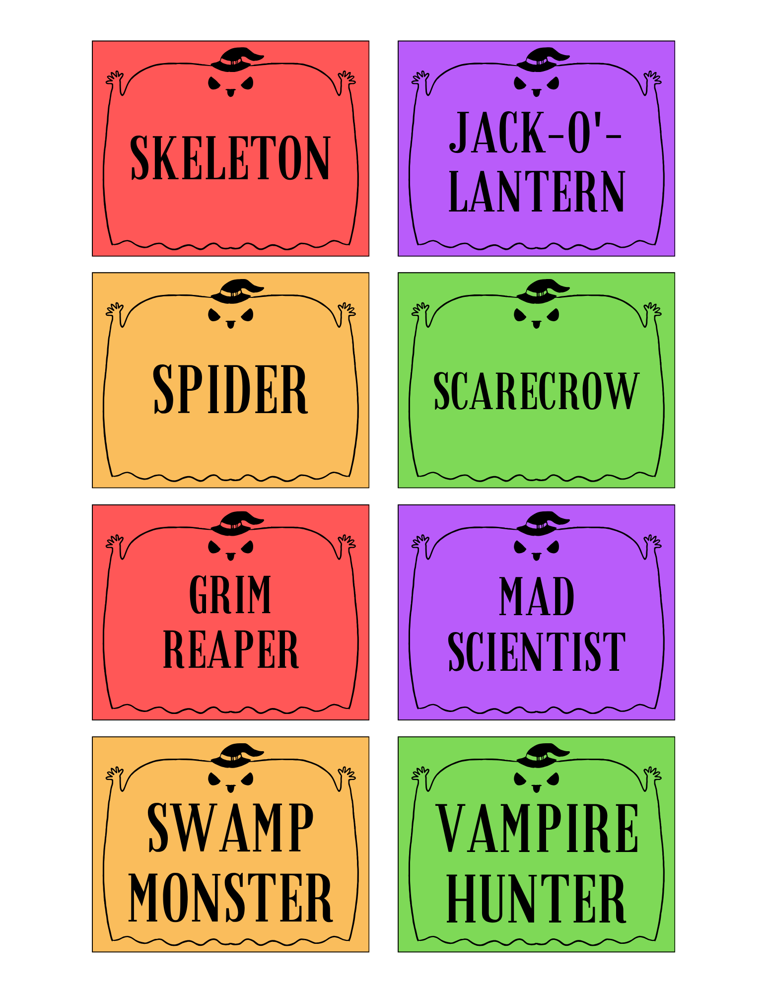 Original charades cards: skeleton, jack-o’-lantern, spider, scarecrow, grim reaper, mad scientist, swamp monster, vampire hunter