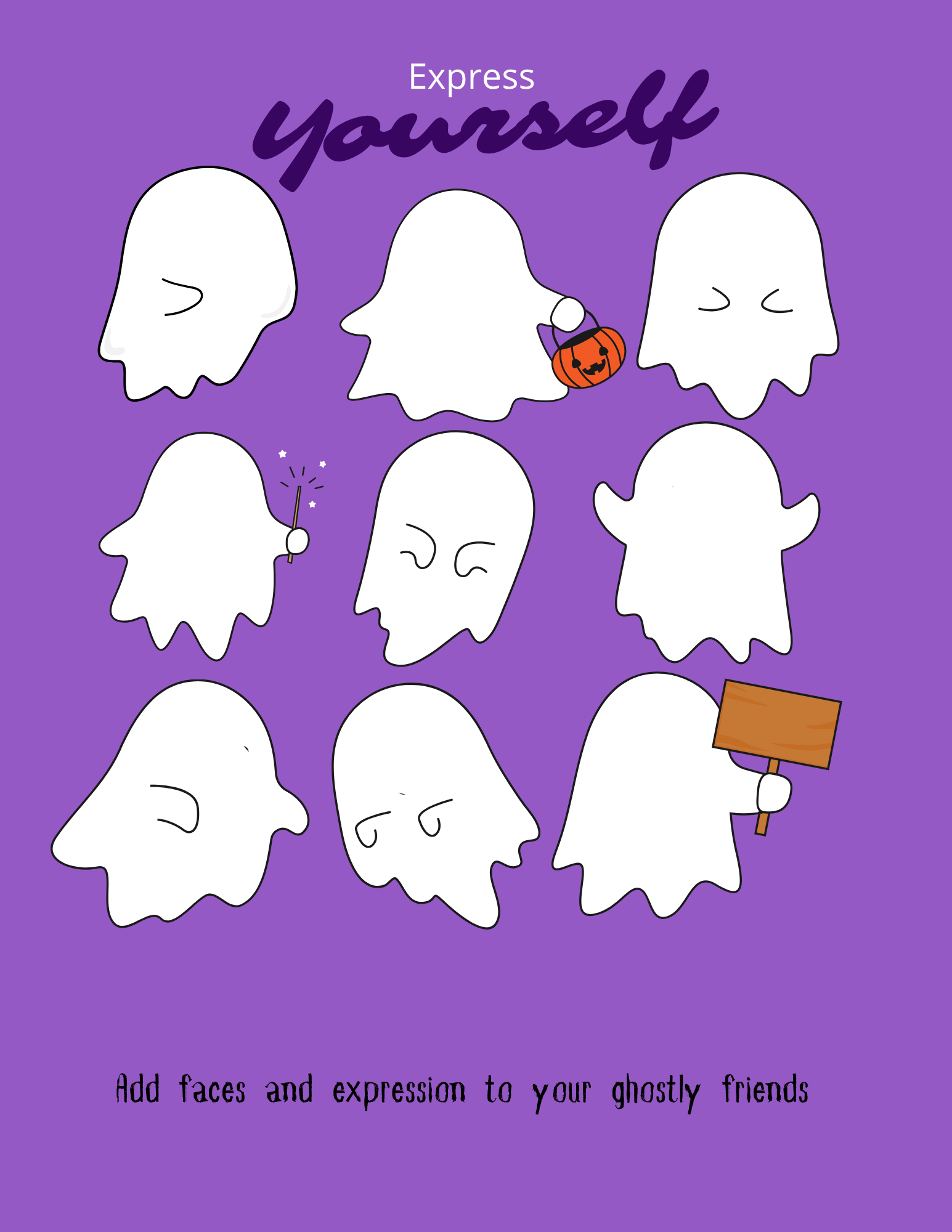 Nine blank ghosts on the purple Express Yourself page