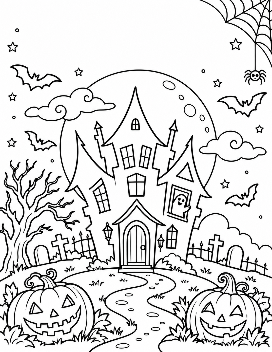 Haunted house, moon, pumpkins, bats, and a spiderweb to color